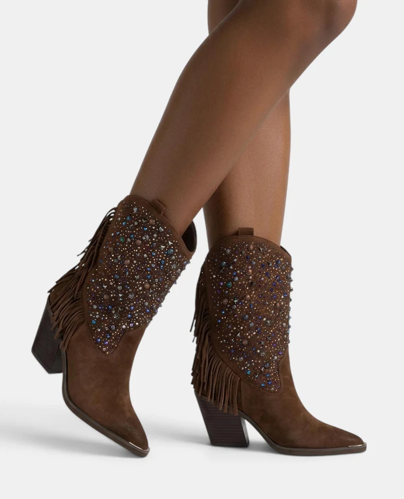BOTA COWBOY DE ANTE CON PEDRERÍA Y FLECOS
