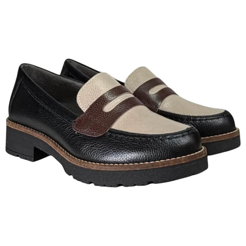 Zapatos Pitillos Mocasines Antifaz Combinado 11564 Negro Topo Marrón