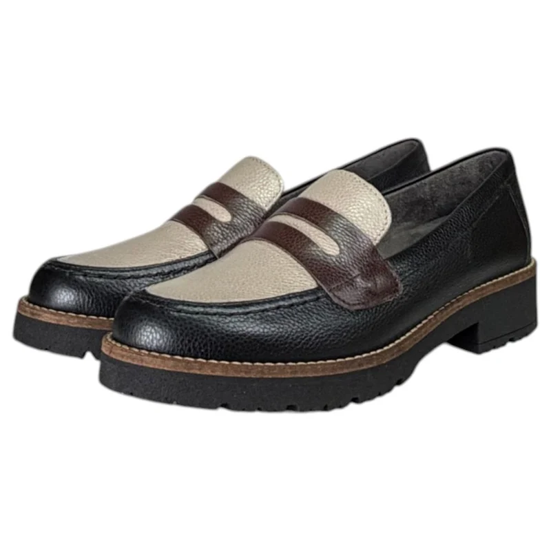 Zapatos Pitillos Mocasines Antifaz Combinado 11564 Negro Topo Marrón