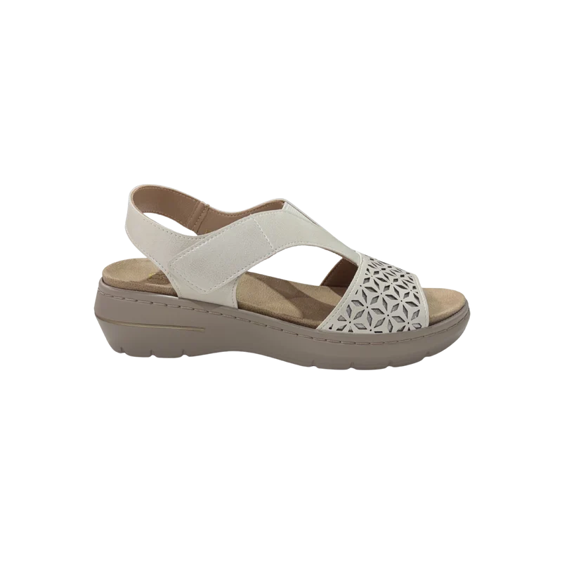 MUJER SANDALIA CUÑA PICADA FLOR BLANCO