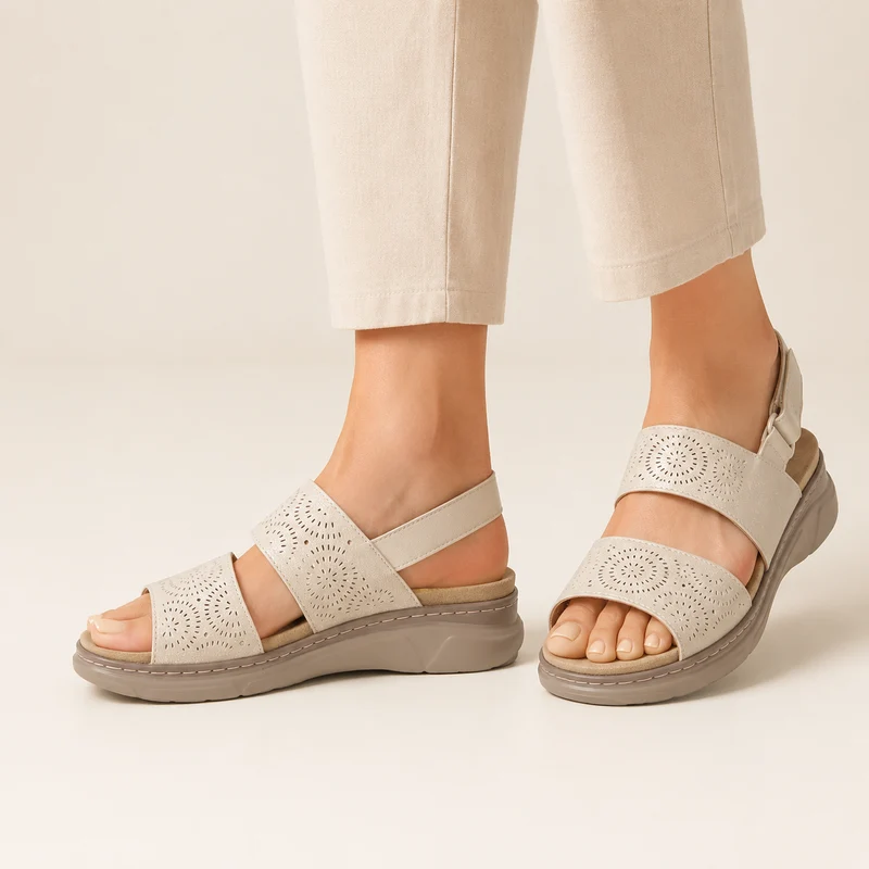 MUJER SANDALIA BEIGE ELASTICO TROQUELADO