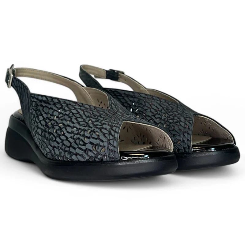 Sandalias Pitillos Piel Troquelada Cuña 10342 Negro