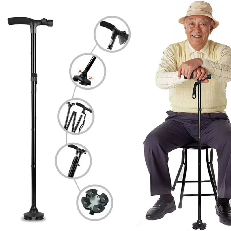 Miomu Bastón Plegable con Base de 3 Puntos y Luz LED