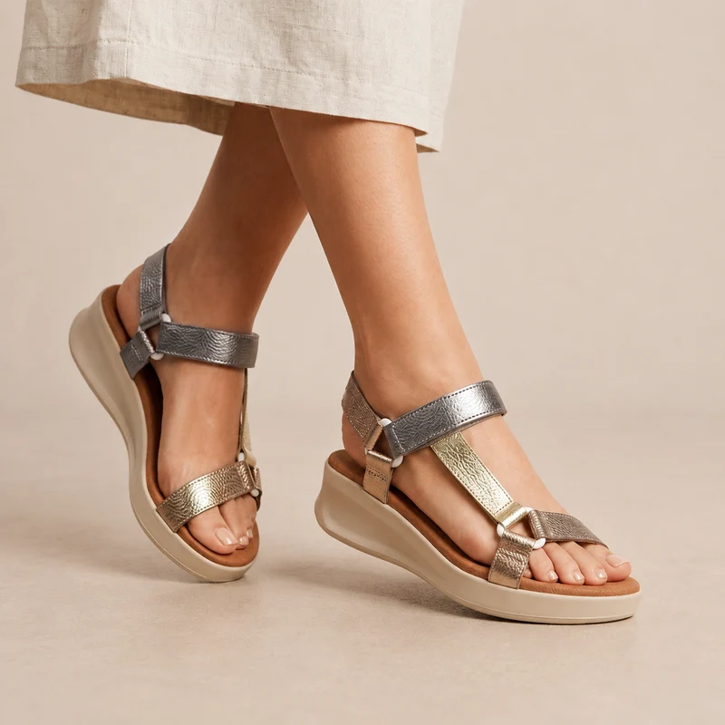 MUJER SANDALIA PIEL PLATAFORMA LINA PLATA