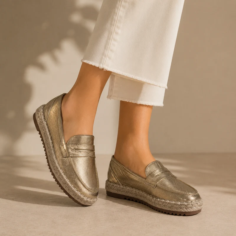 MUJER MOCASINES ESPARTO ORO