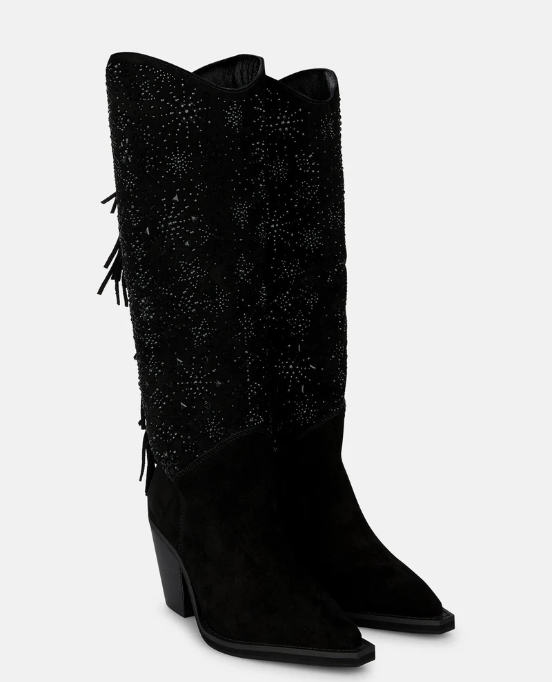 BOTA COWBOY DE ANTE CON PEDRERÍA Y FLECOS