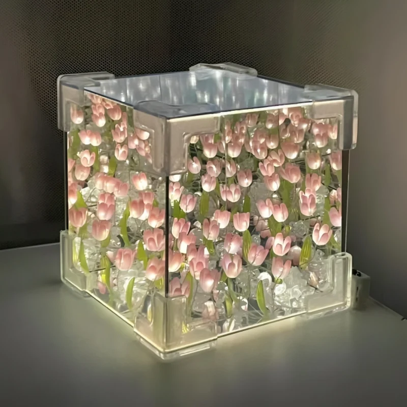 Miomu Lámpara LED Acrílca Cúbica, Diseño Tulipanes (DIY)