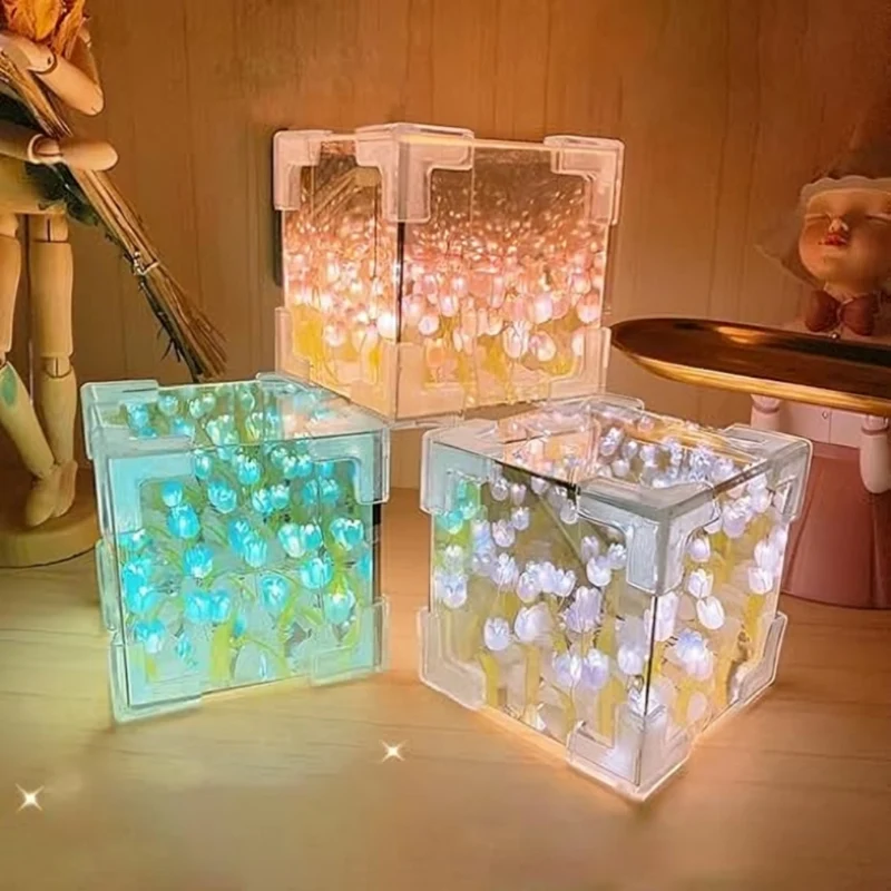 Miomu Lámpara LED Acrílca Cúbica, Diseño Tulipanes (DIY)