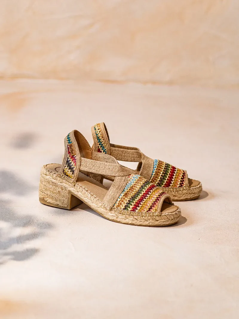 Alpargata de mujer en rafia multicolor con tacón ancho | DELMI-MA