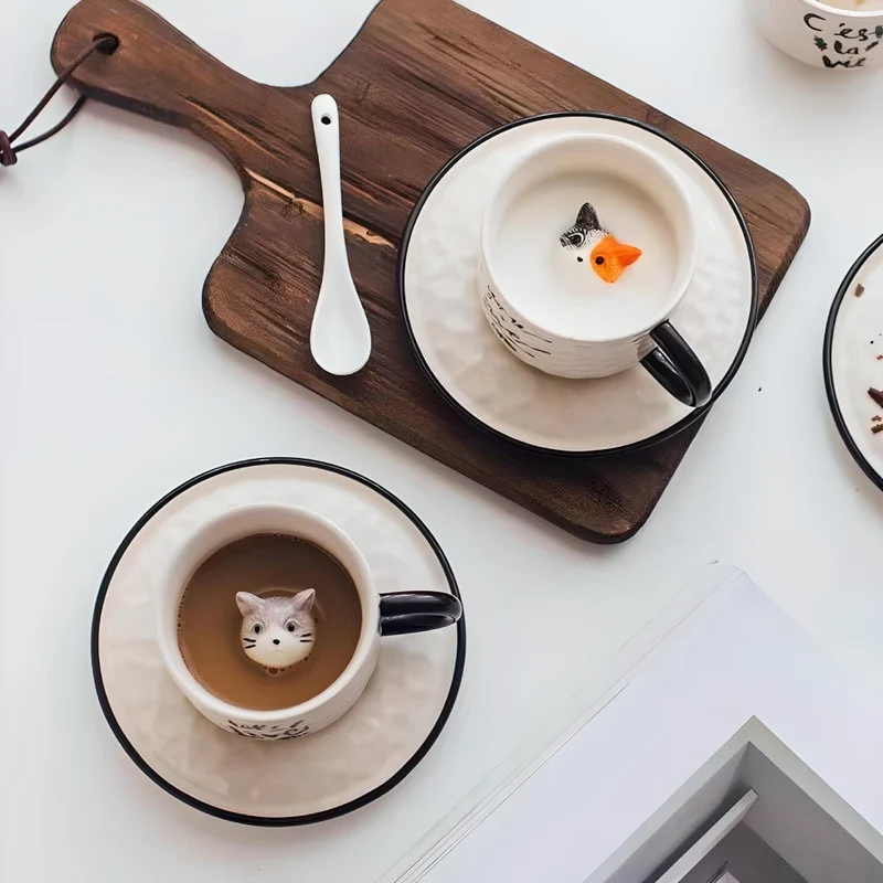 Miomu Taza de Café con Plato, Diseño Gato 3D