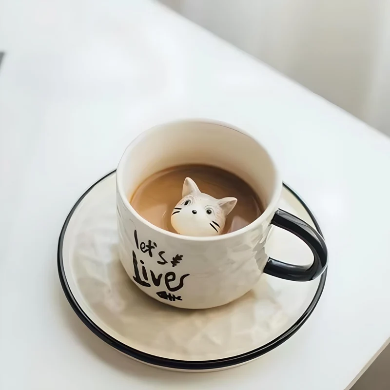Miomu Taza de Café con Plato, Diseño Gato 3D