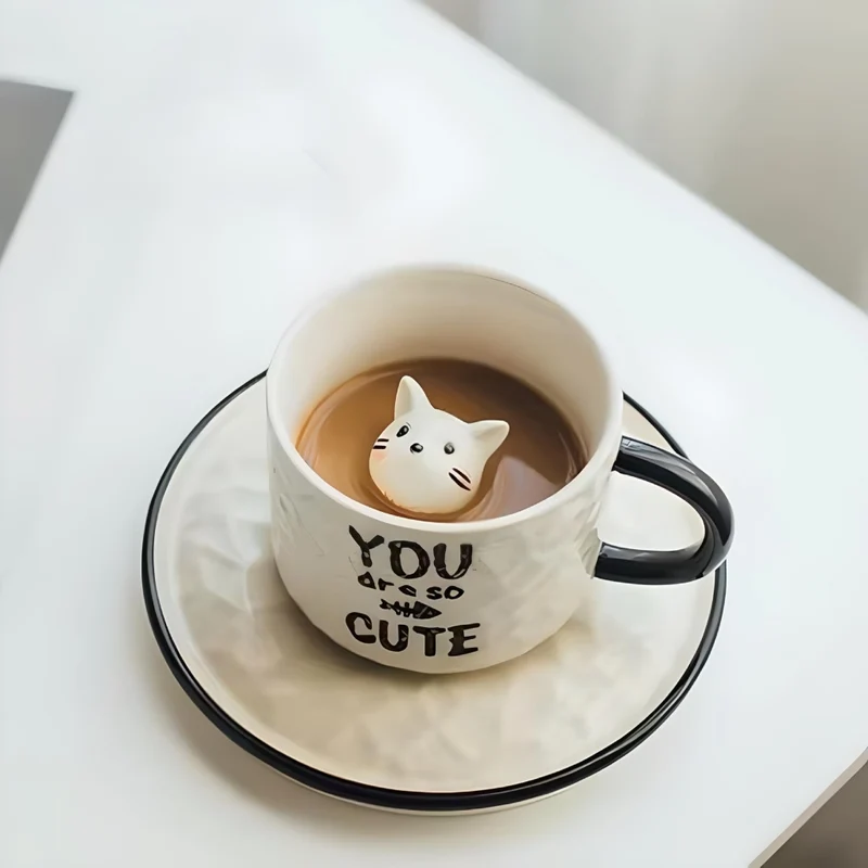 Miomu Taza de Café con Plato, Diseño Gato 3D