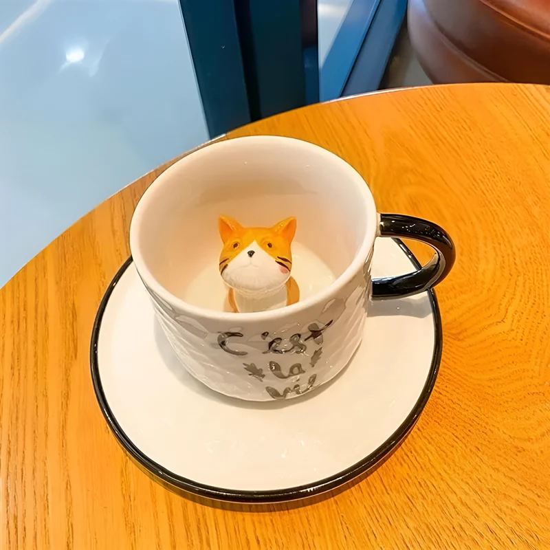 Miomu Taza de Café con Plato, Diseño Gato 3D