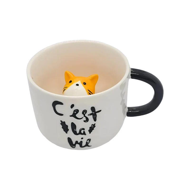 Miomu Taza de Café con Plato, Diseño Gato 3D