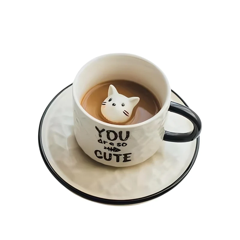Miomu Taza de Café con Plato, Diseño Gato 3D