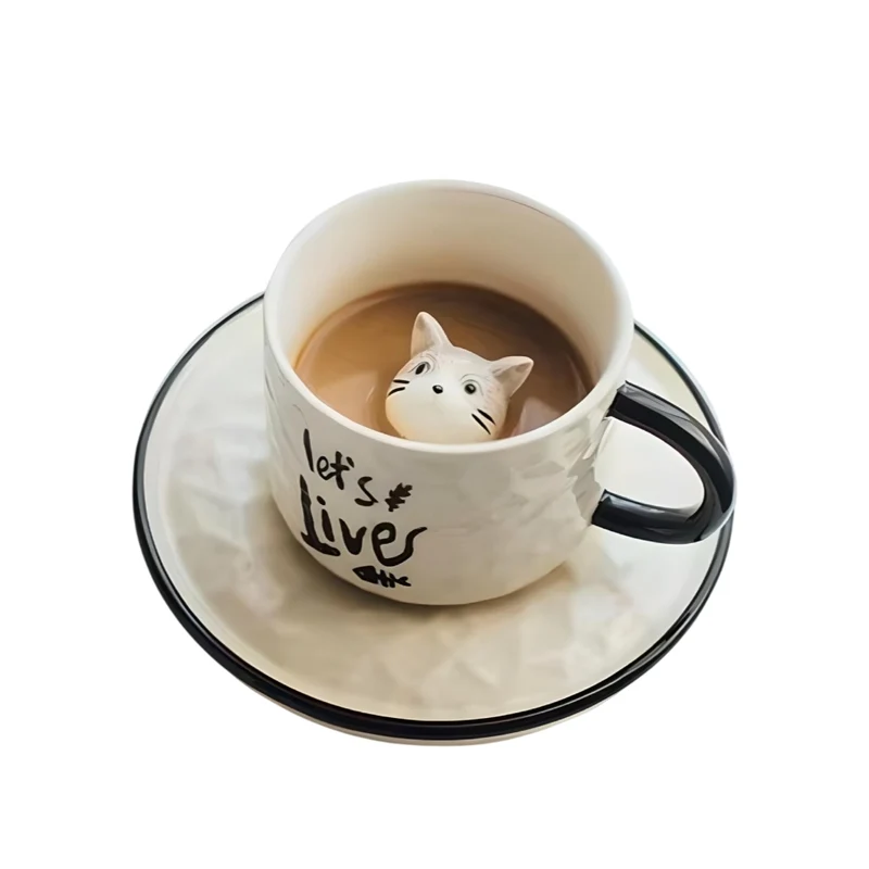 Miomu Taza de Café con Plato, Diseño Gato 3D