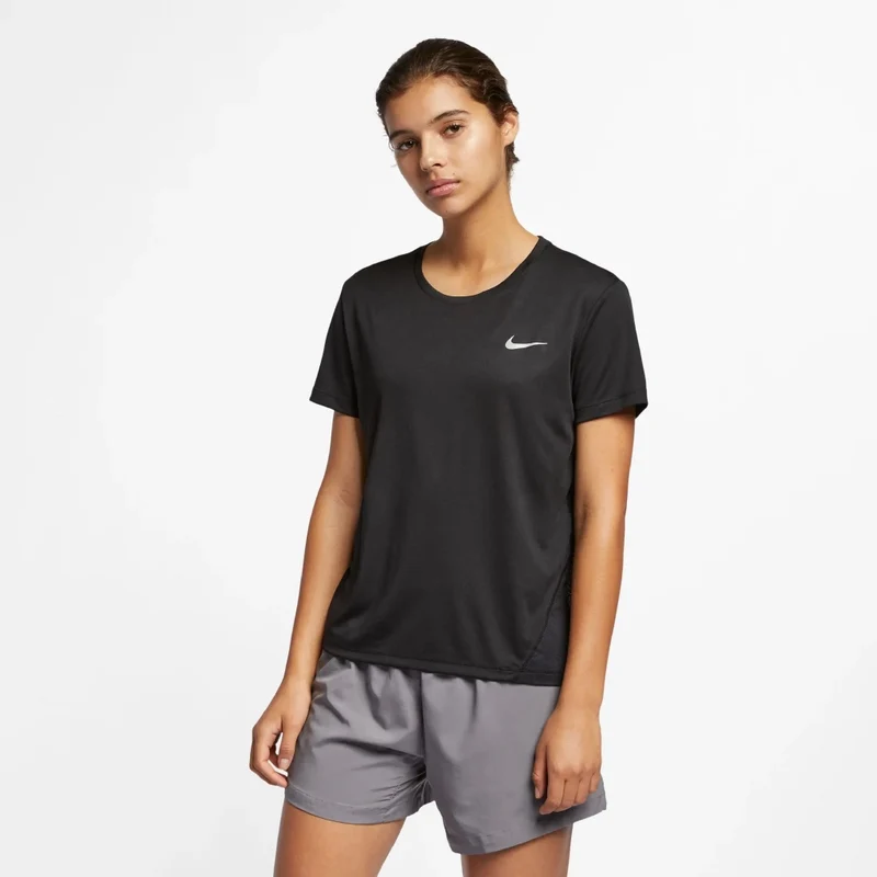 Nike Camiseta Manga Corta Miler Negro, para Mujer