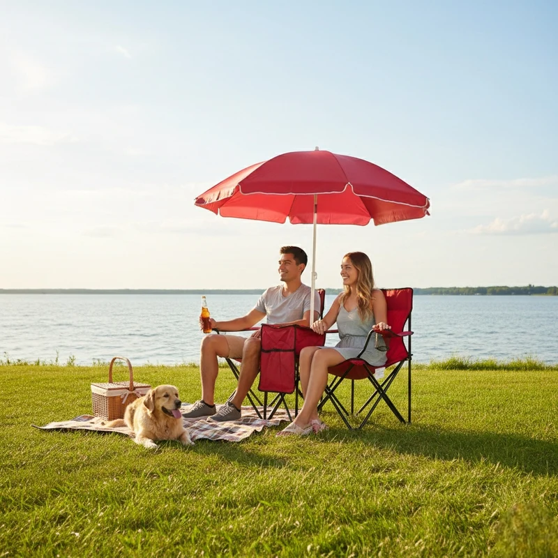 Miomu Silla Plegable Doble con Sombrilla y Compartimiento de Bebidas para Exteriores