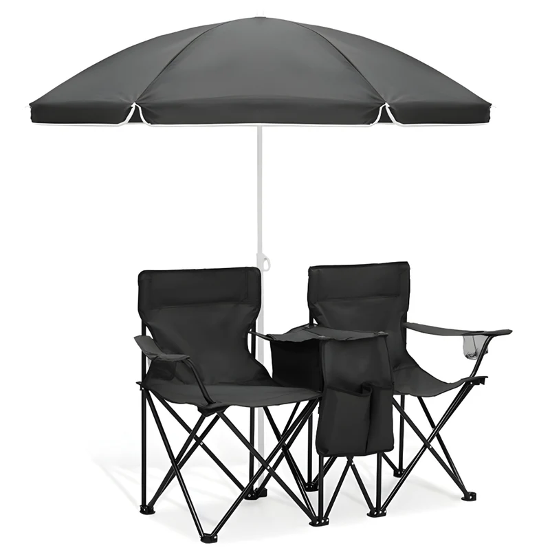 Miomu Silla Plegable Doble con Sombrilla y Compartimiento de Bebidas para Exteriores