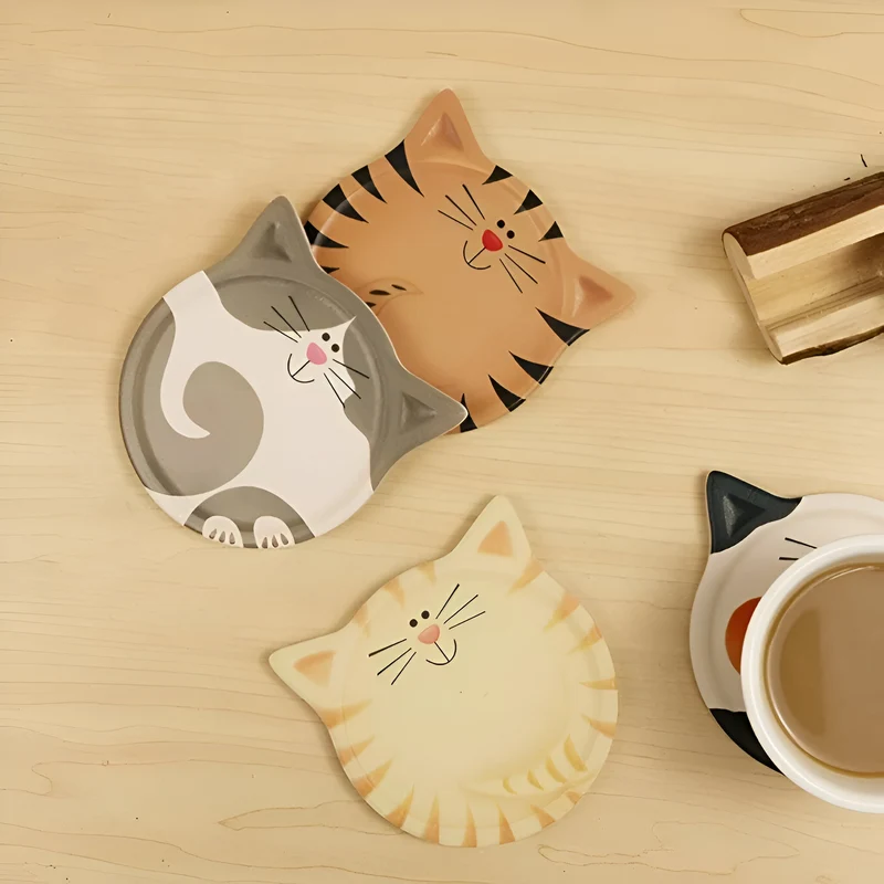 Miomu Set Posavasos de Cerámica, Diseño Cara de Gato