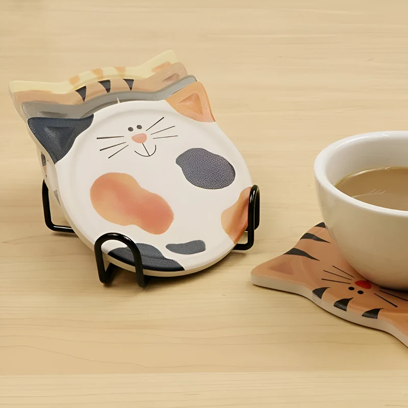 Miomu Set Posavasos de Cerámica, Diseño Cara de Gato