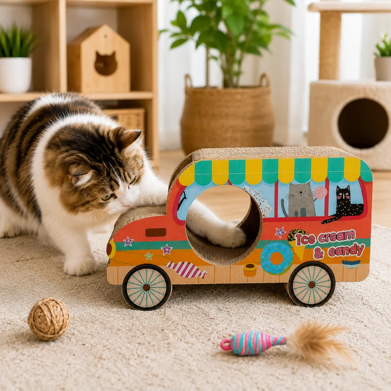 Miomu Rascador de Cartón para Gatos, Diseño Buseta Escolar