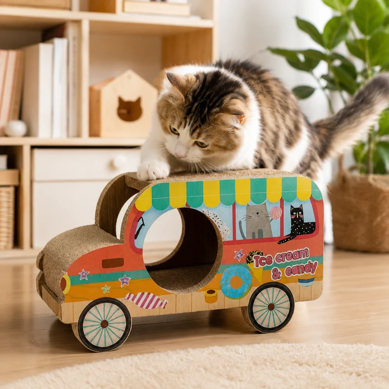 Miomu Rascador de Cartón para Gatos, Diseño Buseta Escolar