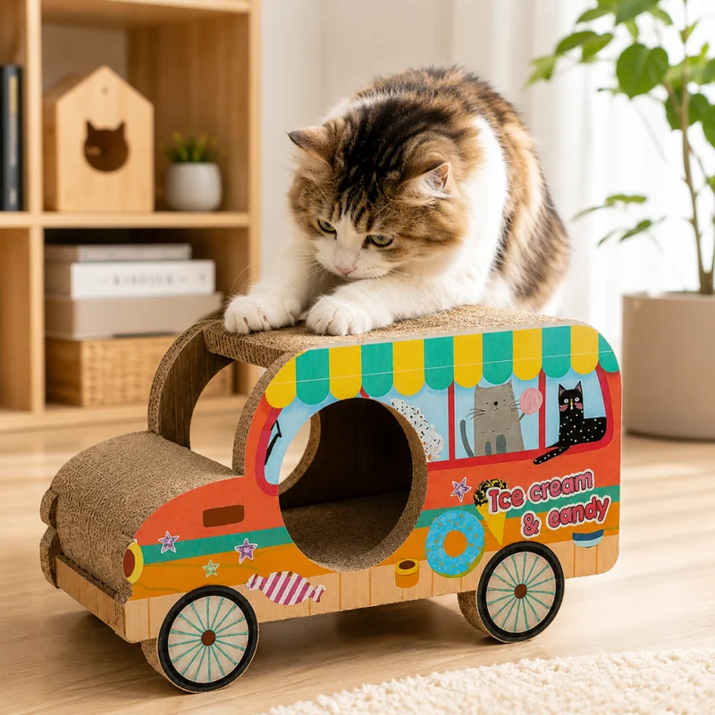 Miomu Rascador de Cartón para Gatos, Diseño Buseta Escolar