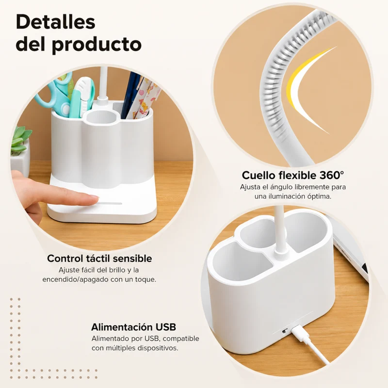 Miomu Lámpara LED de Escritorio con Luz Ajustable y Soporte para Celular