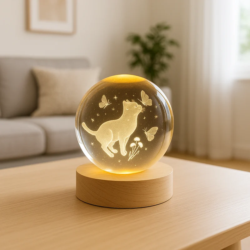 Miomu Lámpara LED de Cristal 3D con Gatito Luminoso