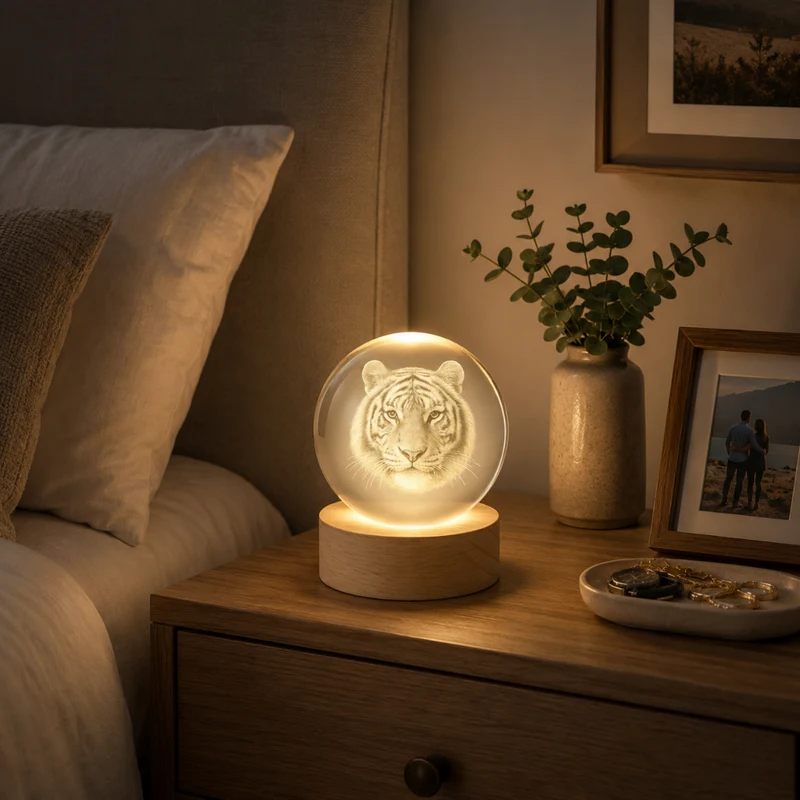 Miomu Lámpara Cristal 3D Tigre con Base de Madera y Luz LED