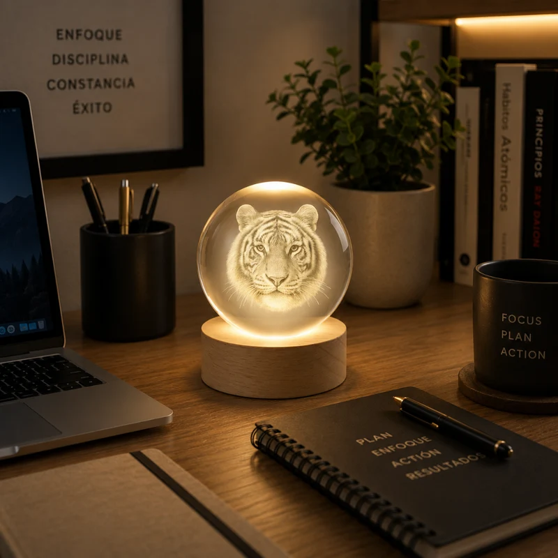 Miomu Lámpara Cristal 3D Tigre con Base de Madera y Luz LED