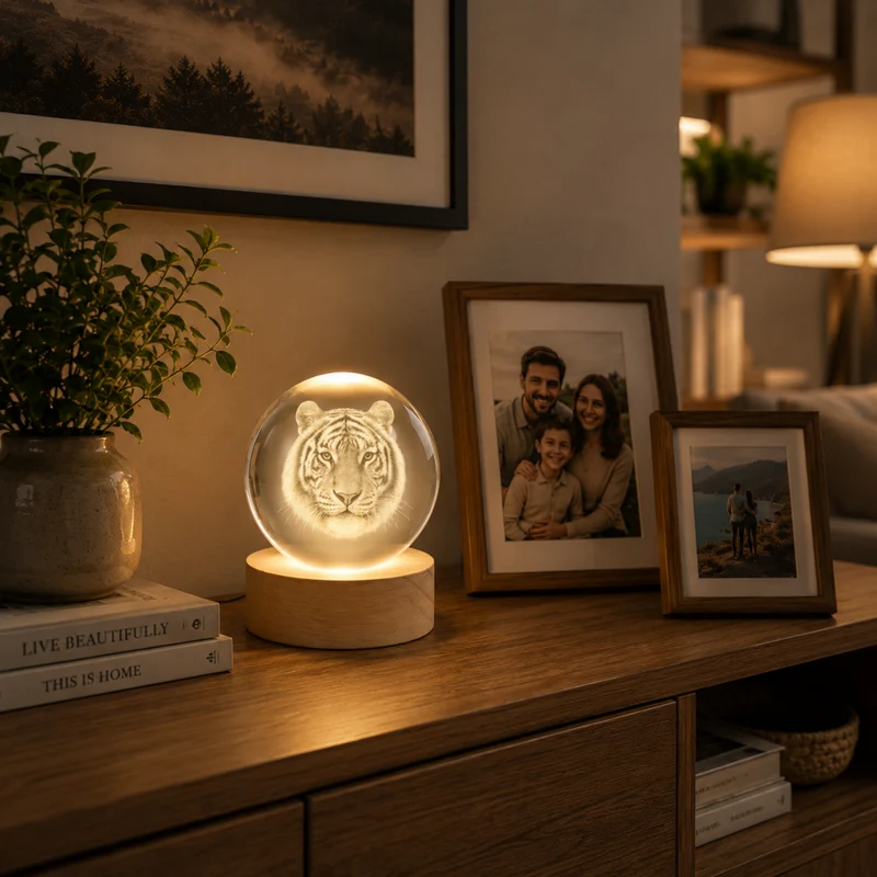 Miomu Lámpara Cristal 3D Tigre con Base de Madera y Luz LED
