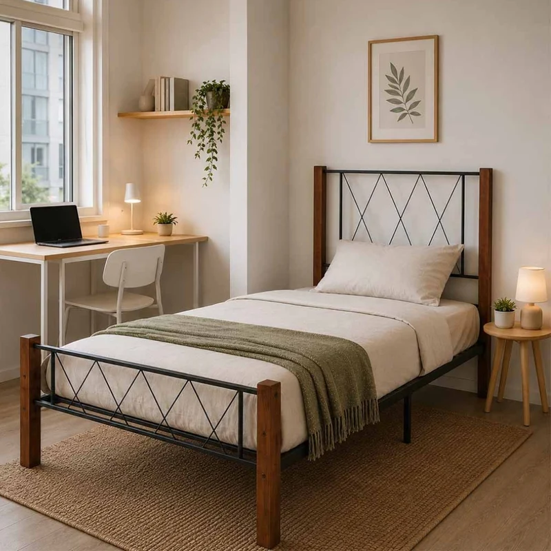 Tokoa Cama de Metal con Respaldo Metal y Madera