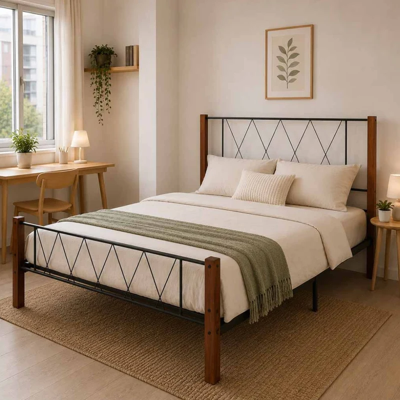 Tokoa Cama de Metal con Respaldo Metal y Madera
