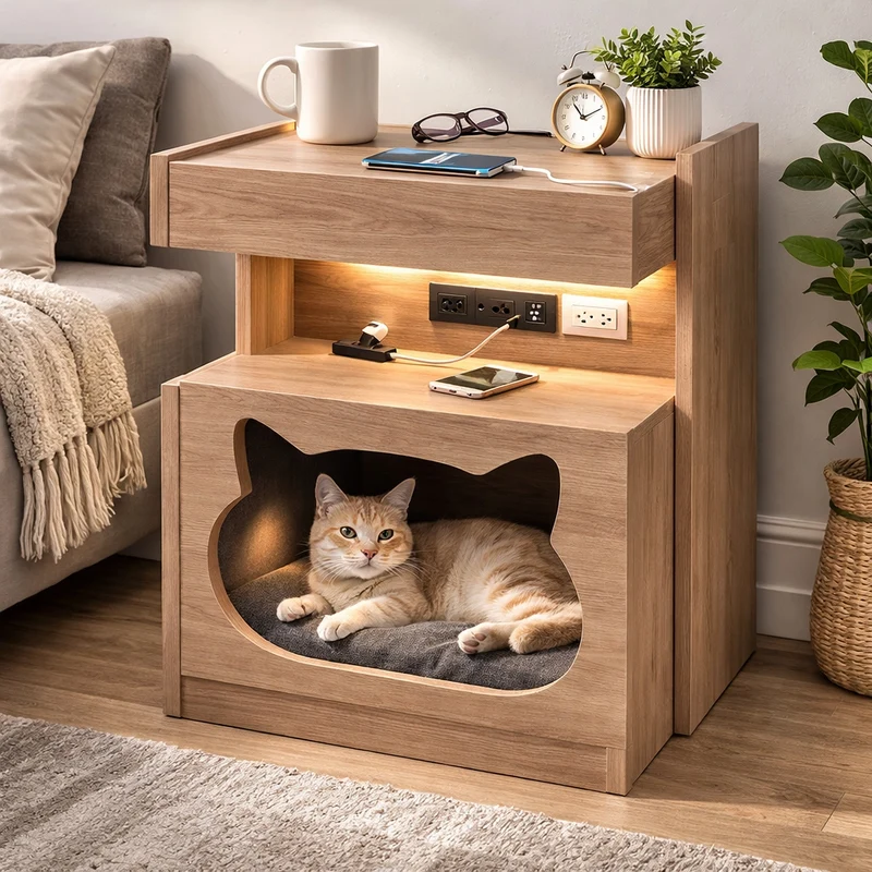 Miomu Mesa de Noche Inteligente con Nido para Gatos