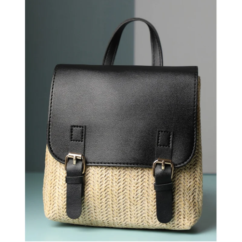 Miomu Mochila de Mimbre con Solapa de Cuero Sintético