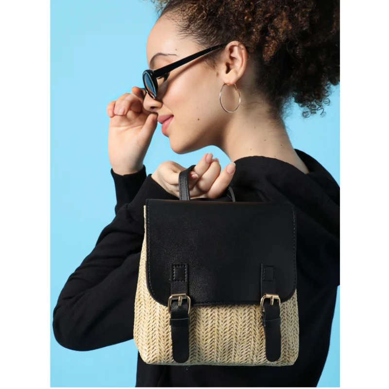 Miomu Mochila de Mimbre con Solapa de Cuero Sintético