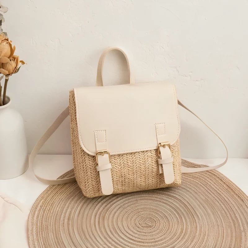 Miomu Mochila de Mimbre con Solapa de Cuero Sintético