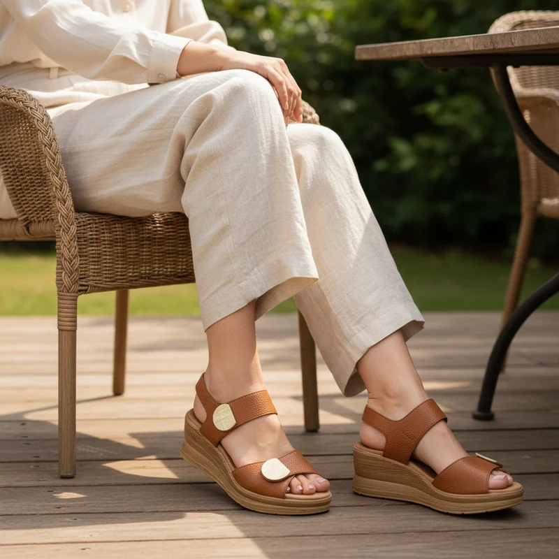Sandalias Pitillos Cuña Apliques Dorados 11054 Cuero