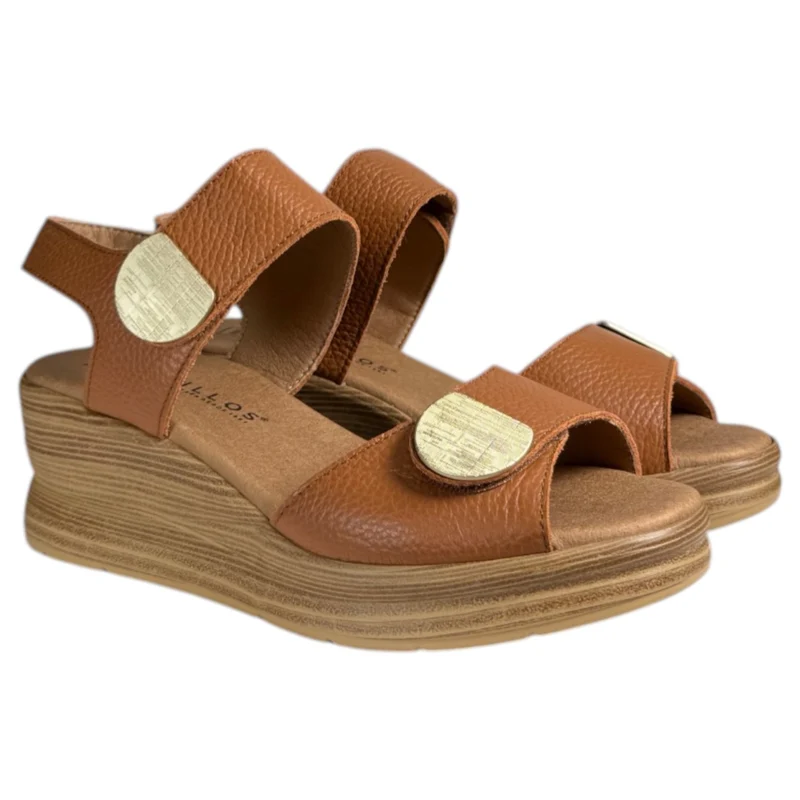 Sandalias Pitillos Cuña Apliques Dorados 11054 Cuero